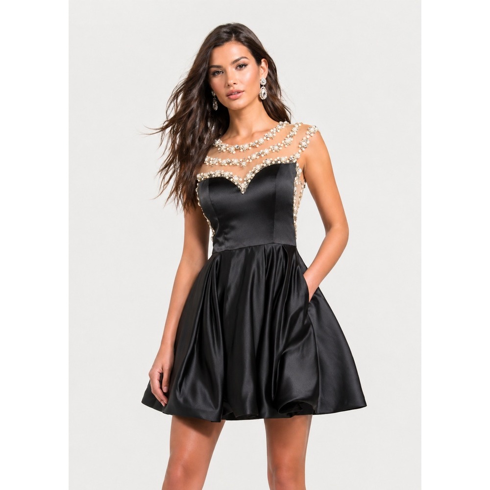 Ashley Lauren‎ Black Pearl Embellished Satin Cocktail Dress 4 Fit and Flare Prom